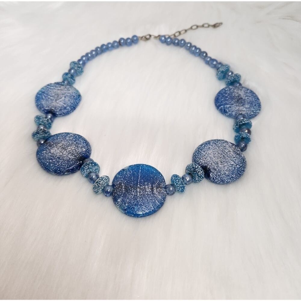 Boho Blue Art Glass Disc Beaded Necklace Chunky Coastal Statement Jewelry - Picture 2 of 4